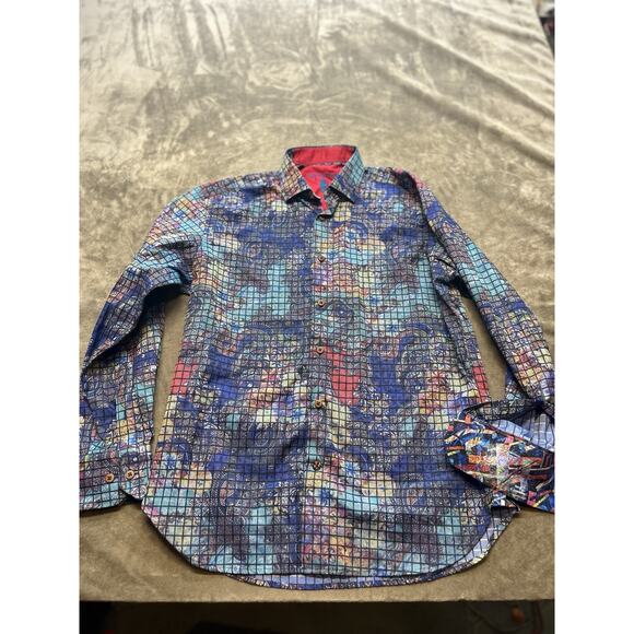 Visconti Black Shirt Mens‎ Small Blue Paisley Windowpane Long Sleeve Button Up - Picture 1 of 6